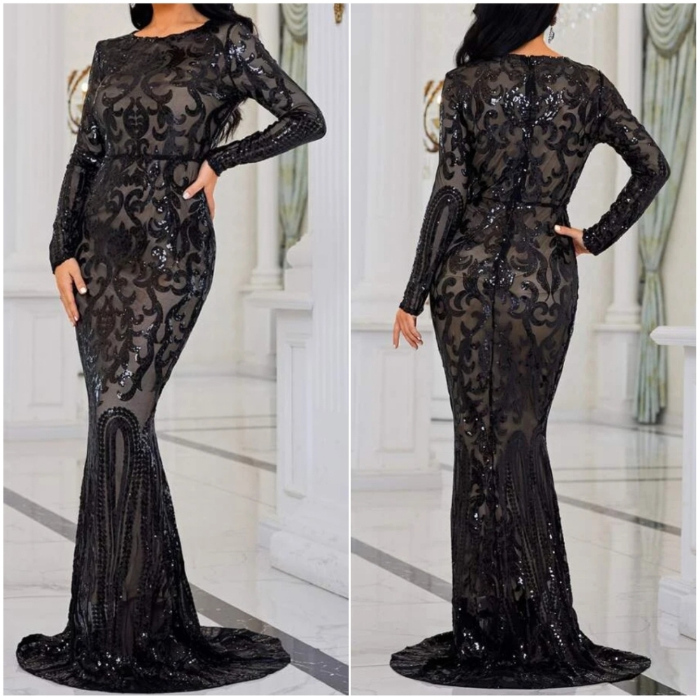 Elegant Black Bodycon Sequin Evening Gown